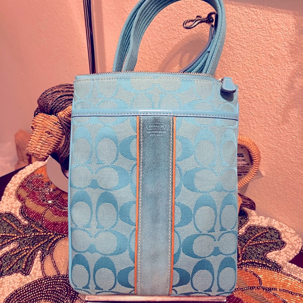 COACH BlueMonogram&Suede Crossbody.MatchingBlueRemovable & Adjustable Strap. EUC